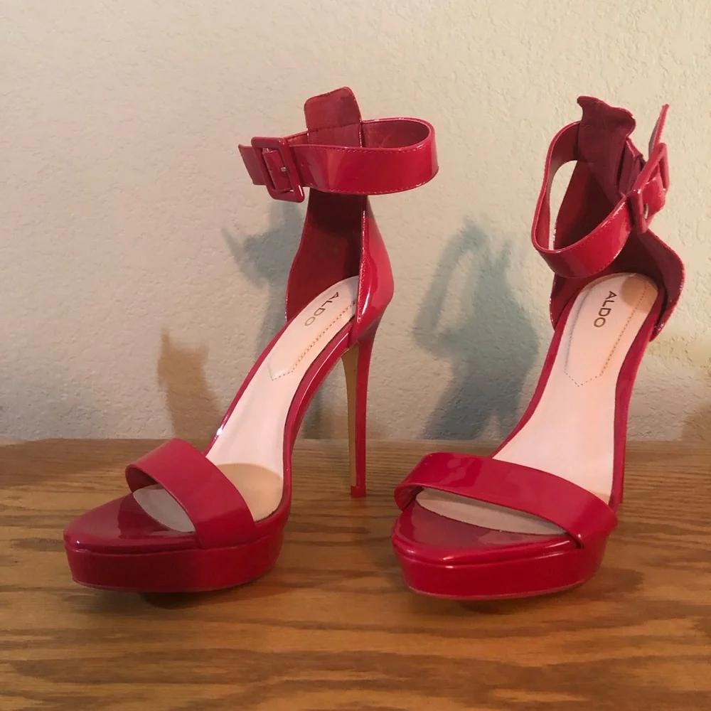 Aldo Red Patent Platform Ankle-Strap Stilettos